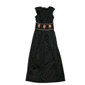 Pearl by Lela Rose Maxi Dress Womens XS Black Smocked Embroidered Crew Neck